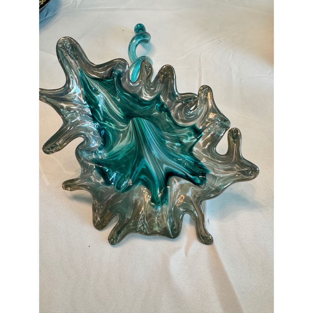 Hand Blown Art Glass Splash Vase Turquoise Teal‎ Smoky Grey Spiral statue Murano
